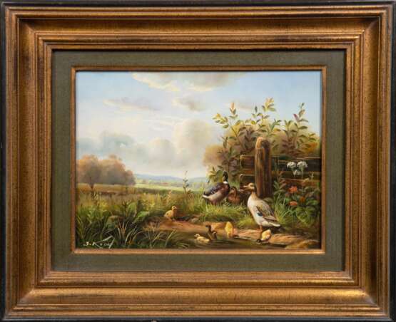 Koch, Samuel (1912 Schleswig) "Entenfamilie am Teich", Öl/ Holz, sign. u.l., 18,5x24,5 cm, Rahmen - photo 1