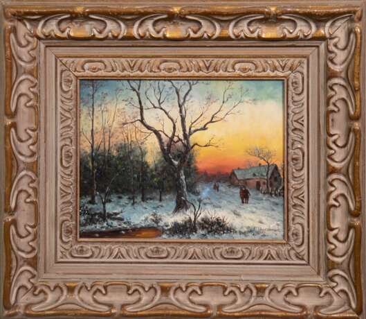 Hengsbach, L. "Winterliches Dorf mit Personen in der Abenddämmerung", Öl/ Holz, sign. u.r., 20,5x25,5 cm, Rahmen - photo 1