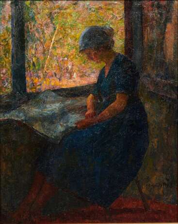 Schmitz-Pleis, Carl (1877-1943) "Lesendes Mädchen am Fenster", Öl/ Lw., sign., am Keilrahmen mit Nachlaßstemmpel, 50x40 cm, Rahmen - photo 1