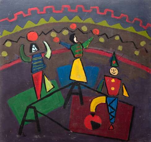 Diener, Rolf (1906 Gößnitz-1988 Hamburg) "Im Zirkus", Öl/Mp., monogr., u.r., rückseitig Nachlaßstempel, 55x52 cm (Maler und Grafiker, seit 1910 in Hamburg ansässig, LK-Schule unter Arthur Illies, fand im Baukr… - Foto 1