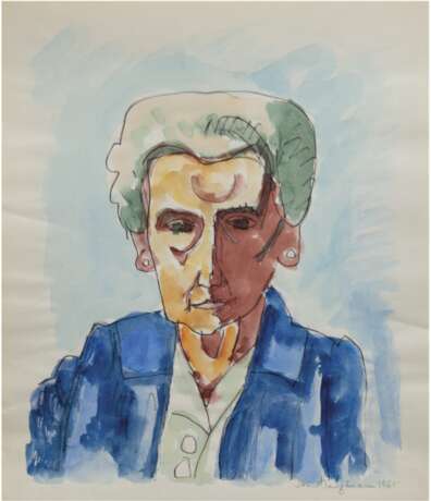 Hauptmann, Ivo (1886 Erkner-1973 Hamburg/Dresden) "Porträt Erica von Scheel", Aquarell/Bleistift/Papier, sign. u.r. und dat. 1965, rückseitig Nachlass-Stempel, 46,5x38 cm, ungerahmt (ältester Sohn von Gerhart H… - Foto 1