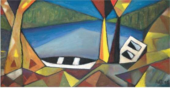 Eckhardt, Wolfgang (1935 geb. in Leipzig) "Barner Stück bei Schwerin" (Boote am See), Öl/Hf., monogr. und dat. '19 u.r., rücks. abstrakte Studie, 51x93 cm, Rahmen (Nach einem Musikstuduim und Arbeit als Berufsm… - Foto 1