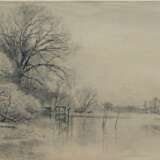 Tübbecke, Paul Wilhelm (1848 Berlin-1924 Weimar) "Baumbestandenes Ufer", Zeichnung, monogrammiert u.r. (verdeckt im Rahmen) 25x43cxm, lose hinter Glas im Passepartout und Rahmen (Landschaftsmaler und Radierer, … - photo 1