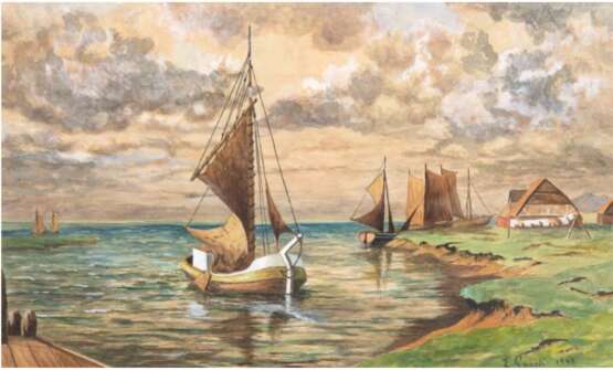 Goock, F. "Hallig mit Booten", Gouache, sign. u.r. und dat. 1943, 26x40,5 cm, im Passepartout hinter Glas und Rahmen - photo 1