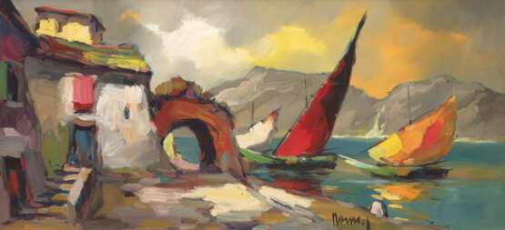 "Südländische Küstenlandschaft mit Segelbooten", 1950er Jahre, Öl/Lw., unleserl. signiert u.r., 36x69 cm, Rahmen - photo 1