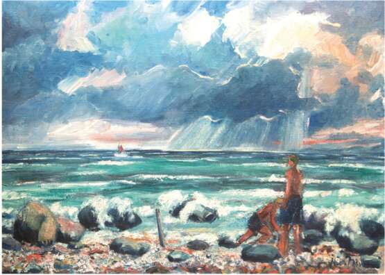 "Kinder am Ostseestrand", Öl/Lw., undeutlich sign. u.r., Künstlerkolonie Skagen, 81,5x115 cm, Rahmen - photo 1