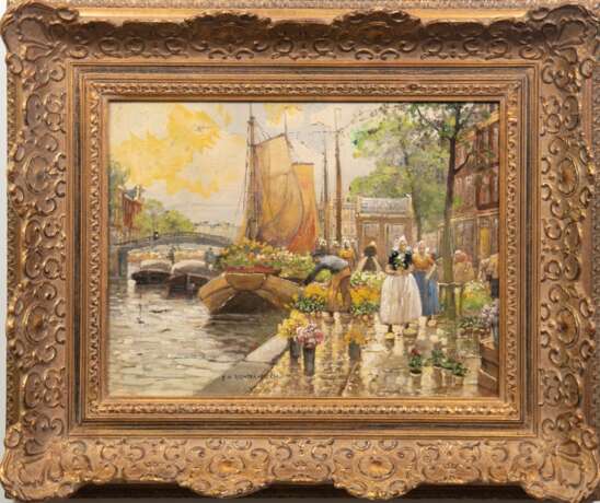 Richter-Reich, Franz Max (1896-1950) "Blumenmarkt in Amsterdam", Öl/Lw., mittig unten sign., 30x40,5 cm, Rahmen - Foto 1