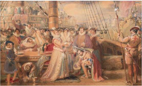 Historienmaler des 18./19. Jh. "Ritterschlag des Sir Francis Drake 1581 durch Elisabeth I.", Aquarell, monogr. "ER" (auf Kanone), 56x88 cm, Rahmen - photo 1
