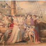 Historienmaler des 18./19. Jh. "Ritterschlag des Sir Francis Drake 1581 durch Elisabeth I.", Aquarell, monogr. "ER" (auf Kanone), 56x88 cm, Rahmen - photo 1