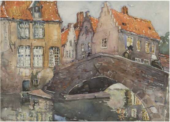 Preussner, Else (1889-1954) "Altstadt mit Brücke", Mischtechnik, sign. u.l., 26x340 cm, im Passepartout hinter Glas und Rahmen (Sie war eine deutsche Malerin und Grafikerin) - photo 1