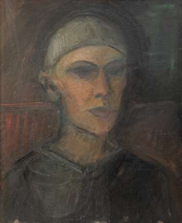 Diehn-Bitt, Kate (1900 Berlin-1978 Rostock) Zuschreibung "Selbstbildnis", Öl/ Mp., rückseitig "Zeichnung auf blauem Grund", unsign., 53x43,5 cm, im Passepartout hinter Glas und Rahmen (Von 1914 bis et… - фото 1
