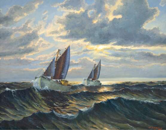 Siöberg "Fischerboote in stürmischer See", Öl/Hf., undeutl. sign. u.r. und dat. ´75, 58x68 cm, Rahmen - Foto 1