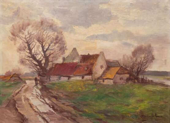 Jüttner, Bruno (1880 Wernigerode/Harz- 1965 Berlin) "Bauerngehöft am Feldweg", Öl/ Lw., sign. u.r., 60x80 cm, Rahmen (Er studierte an den Kunstakademien in Kassel und München. Der Künstler malte vor allem Lands… - Foto 1