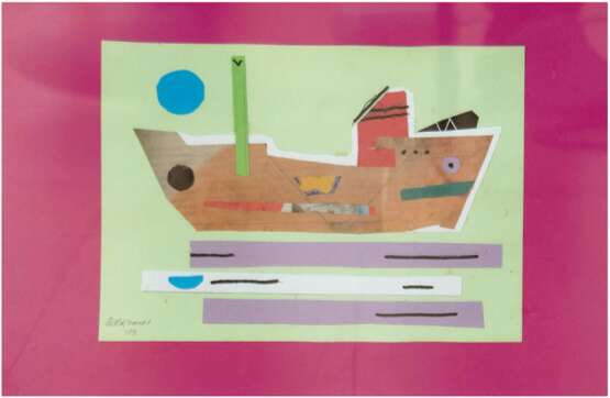 Eckhardt, Wolfgang (1935 geb. in Leipzig) "Hochseefrachter", Collage Papier/Papier, mit Bleistift sign. und dat. '19 u.l., 20x29 cm, hinter Glas im Passepartout und Rahmen (Nach einem Musikstuduim und Arbeit al… - Foto 1