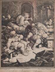 Prestel, Marie Catherine (1774-1794) &quot;Les chanteurs rustiques-Rustikale Sänger&quot;, Aquatinta-Radierung, in der Platte sign. und dat. 1775, 34x28 cm, im Passepartout hinter Glas und Rahmen