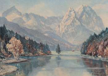 Theis, Heinz (1894 Holz-1966 Garmisch-Partenkirchen) &quot;Eibsee bei Garmisch-Partenkirchen&quot;, Öldruck, bez. &quot;Garmisch&quot;, 19,5x27 cm, Rahmen