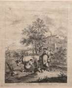 Книжная и журнальная графика. Wagner, Joseph (1706-1780) &quot;Bäuerin beim Kuh melken&quot;, Kupferstich, Blatt fleckig mit Altersspuren, 45x35 cm, hinter Glas und Rahmen