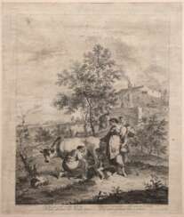 Wagner, Joseph (1706-1780) &quot;Bäuerin beim Kuh melken&quot;, Kupferstich, Blatt fleckig mit Altersspuren, 45x35 cm, hinter Glas und Rahmen