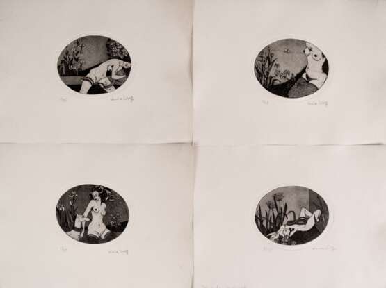 Wulff, Luise (1935 Lübeck-1993 Kiel) 4 Radierungen mit "Erotikdarstellungen", jeweils 1/25, handsigniert, ovale Darstellung, je 8x10 cm, Blatt je 18x23,5 cm, ungerahmt - photo 1