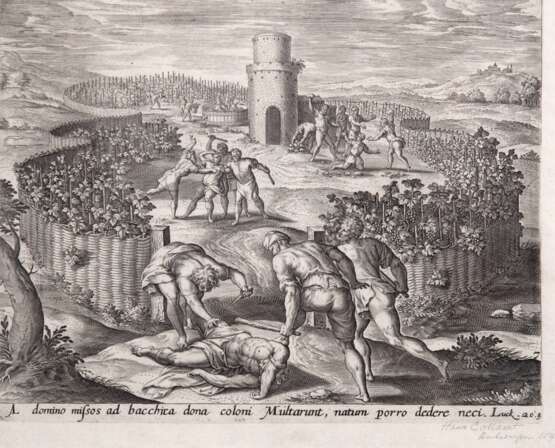 Collaert, Hans (1566-1628) "A domino missos ad bacchica dona coloni Multarunt natum porro dedere neci.20.", Kupferstich, bez. u.r. "Hans Collaert Antwerpen 1590", 22x28 cm, Blatt u.l. Ecke besch., im … - фото 1