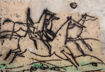 Solange, Bertrand (1913-2011, französischer Maler, Bildhauer und Kupferstecher) &quot;Ohne Titel&quot;, Mischtechnik, sign. u.r., Blatt mit Knickspuren, 20,5x26 cm, im Passepartout hinter Glas und Rahmen