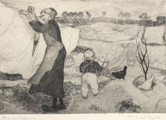 Oppel, Lisel (1897 Bremen-1960 Worpswede) "Beim Wäsche aufhängen", Original-Radierung, sign. u.r., 15x20,5 cm, hinter Glas und Rahmen - photo 1