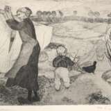 Oppel, Lisel (1897 Bremen-1960 Worpswede) "Beim Wäsche aufhängen", Original-Radierung, sign. u.r., 15x20,5 cm, hinter Glas und Rahmen - photo 1