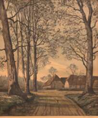 Möller, Peder (1890-1961, Dänischer Maler) &quot;Dorfansicht mit Baumallee&quot;, Farbradierung, sign. u.r., 49x39 cm, hinter Glas und Rahmen