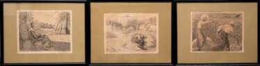 Voltmer, Walter (1884 Hamburg-1972 München) 3 Stiche &quot;Erntelandschaften und Bauern bei der Arbeit&quot;,in der Platte monogr. und dat. 1920, Blätter teilweise gebräunt und stockfleckig, je 20,5x26,5 cm, jeweils im …