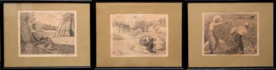 Voltmer, Walter (1884 Hamburg-1972 München) 3 Stiche "Erntelandschaften und Bauern bei der Arbeit",in der Platte monogr. und dat. 1920, Blätter teilweise gebräunt und stockfleckig, je 20,5x26,5 cm, jeweils im … - photo 1