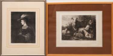 Unger, William (1837-1932) 2 Radierungen &quot;Porträt Saskia van Uylenburgh&quot;, 17,5x14 cm und &quot;Thierstück&quot;, Blatt am Rand stockfleckig, 19x24,5 cm, jeweils im Passepartout hinter Glas und Rahmen