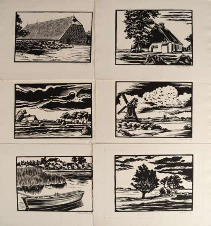 Karberg, Bruno (1896 Hamburg-1967 ebenda) Mappe mit mit 6 Schleswig-Holstein Motiven, geschnitten zum Weihnachtsfest 1938, jeweils handsigniert, Gebrauchspuren, je 16,5x24 cm - photo 1