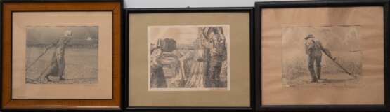 Voltmer, Walter (1884 Hamburg-1972 München) 3 Stiche "Erntelandschaften und Bauern bei der Arbeit",in der Platte monogr. und dat. 1920, Blätter teilweise gebräunt und stockfleckig, je 20,5x26,5 cm, jeweils im … - photo 1