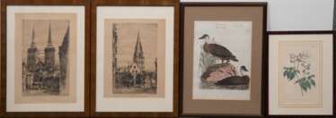 Geissler, Paul (1881-1965) 2 Radierungen &quot;Ansicht von Lübeck&quot;, jeweils handsign. und dat. 1920, 33x23 cm, dazu 2 Grafiken mit Enten- und Pflanzendarstellung, 21x13 cm und 28,5x21,5 cm, jeweils im Passepartout h…