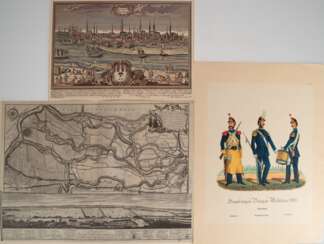 Konvolut von 7 Drucken, dabei aus der Mappe &quot;Das Hamburgische Bürger-Militär- 2 Darstellungen Feldwebel und Tambourmajor&quot;, Karte &quot;Hamburg&quot;, &quot;Vierländer Bauern in der Prunkstube&quot;, &quot;Lands…