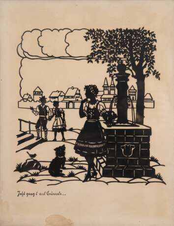 Scherenschnitt "Jetzt gang i ans Brünnele", Blatt gebräunt und am unteren Rand fleckig, 29x22 cm, hinter Glas und Rahmen - photo 1