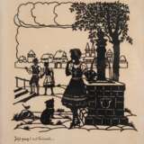 Scherenschnitt "Jetzt gang i ans Brünnele", Blatt gebräunt und am unteren Rand fleckig, 29x22 cm, hinter Glas und Rahmen - photo 1