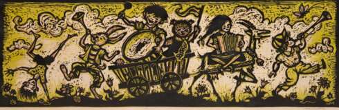 Maletzke, Helmut (1920 Neustettin-2017 Greifswald) "Expressiver Spielmannzug", Farblinolschnitt, in der Platte monogr. und handsign. u.r., 21,5x65 cm, hinter Glas und Rahmen (Preisträger bei 10 künstlerischen W… - photo 1