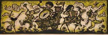Maletzke, Helmut (1920 Neustettin-2017 Greifswald) &quot;Expressiver Spielmannzug&quot;, Farblinolschnitt, in der Platte monogr. und handsign. u.r., 21,5x65 cm, hinter Glas und Rahmen (Preisträger bei 10 künstlerischen W…