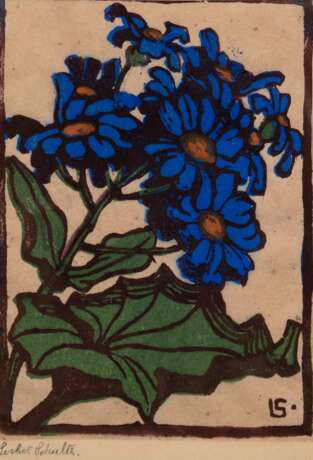 Schulz, Lisbeth, eigentlich Elisabeth Sarah von Schulz (1884 Dresden-1968 ebenda) "Blumenstilleben", Farbholzschnitt, monogr. u.r. und sign. u.l., 15x10,5 cm, im Passepartout hinter Glas und Rahmen - photo 1