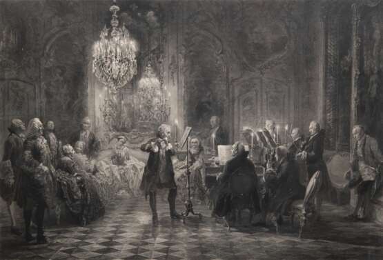 Börner, Franz August (1861-1929) "Flötenkonzert Friedrich des Großen in Sanssouci", Radierung, nach einer Vorlage von Adolf Menzel, bez. "Verlag Paul Sonntag, Berlin W. 1902", O. Felsing, Berlin impr.… - photo 1