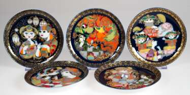 5 Sammelteller &quot;Aladin&quot;, Rosenthal studio-line, von Björn Wiinblad Dänemark, Motiv VI, VII, IX, XI und XII, Dm. 16 cm, jeweils im Original-Karton