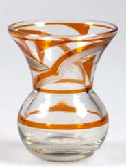 Kleine Vase, Moser, 1920er Jahre, mit bernsteinfarbenem Art-Deco-Dekor, H. 8,5 cm