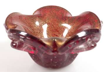 Murano-Schälchen, Barovier u. Toso, blütenförmig, brauner Innenfang, mit Goldstaubeinschmelzungen, H. 6,5 cm, Dm. 14 cm