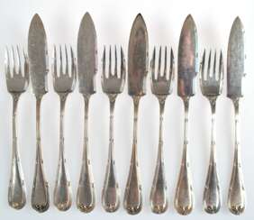 Fischbesteck, 10-teilig, 90er Auflage, Wellner, 5 Gabeln und 5 Messer mit Kreuzbanddekor