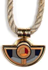 Collier, Michaela Frey, Wien, polychrom gestalteter Anhänger an Kordel, Tragespuren, variable L. 46 cm- 54 cm