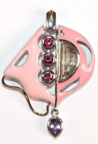 Großer Anhänger, Unikat, 925er Silber, rosa emailliert, Citrin als Halbmond geschliffen, Amethysttropfen, rosa Turmaline, 22,1 g - фото 1