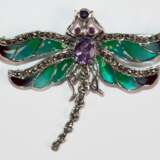 Brosche/ Anhänger "Libelle“, 925er Silber, grüne und lila Fenster-Emaille, Amethyst, Kopf und Augen mit Rubinen besetzt, Markasiten, Maße ca. 5,5 x 4,5 cm - Foto 1