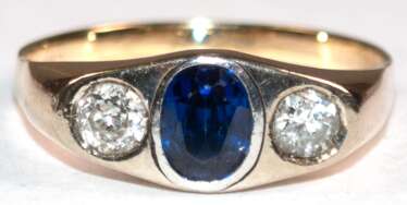 Ring, 585er GG, ca. 4,0 g, blauer Saphir, 2 Brillanten zus. ca. 0,40 ct, RG 60, Innendurchmesser 19,1 mm