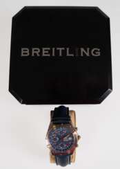 Herrenarmbanduhr &quot;Breitling&quot;, Chronomat, Automatik, Ref.-Nr. B13050.1, dunkelblaues Zifferblatt mit arabischen Zahlen, zentraler Sekunde, Datumsanzeige, drehbarer Lünette, u.a., gangfähig, Edelstahlgehäuse Dm. …